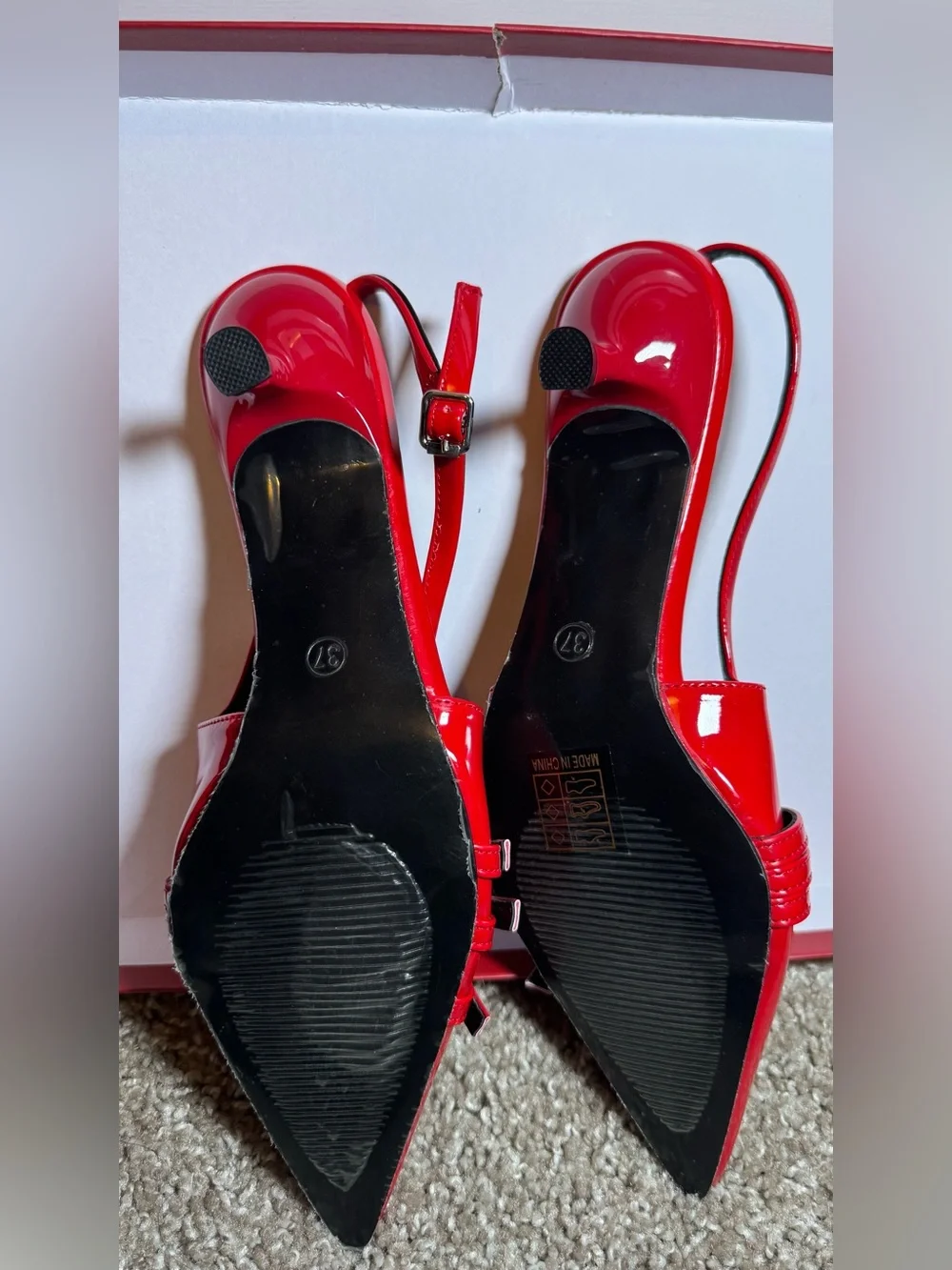 Red Patent Pointed-Toe Slingback Flats with Buckle Straps